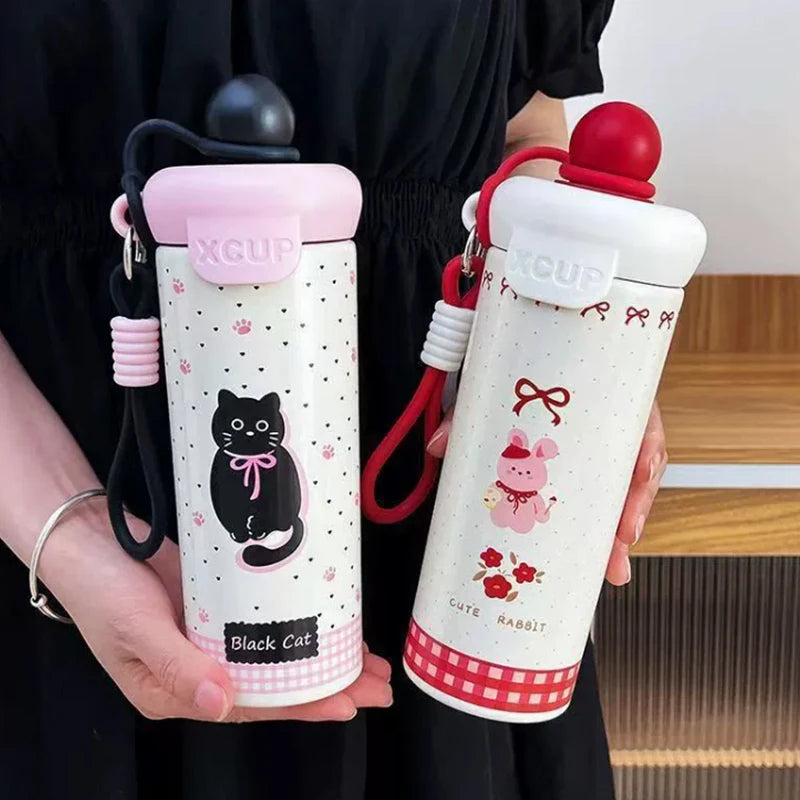 〔R〕Cartoon Animal Float Ball Water Bottle - 316 Stainless Steel Insulated Tumbler with Straw & Carry Strap for Kids and Students