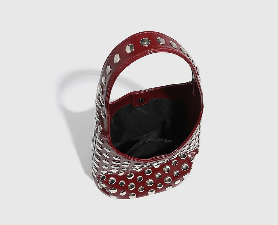 Women's Bags Punk Style Embellished Double-Faced Round Rivet Inlaid Niche Luxury Bucket Bag Chic Lady Underarm Shoulder Bag
