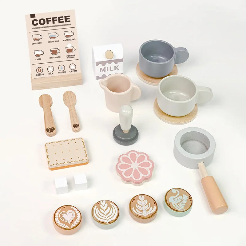 Wooden Kitchen Toy Pretend Play Food Set Dessert Bread Coffee Machine Toys For Girls Boys Role Play Afternoon Tea Game