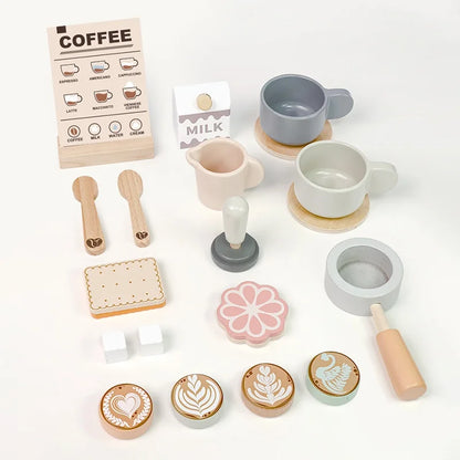 Wooden Kitchen Toy Pretend Play Food Set Dessert Bread Coffee Machine Toys For Girls Boys Role Play Afternoon Tea Game