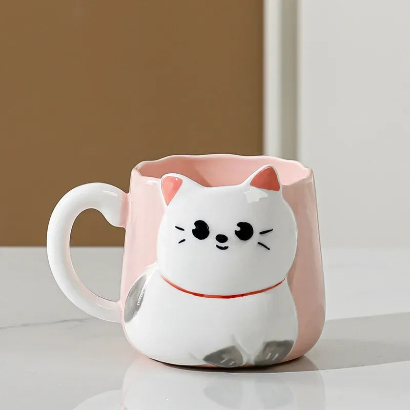 3D Embossed Ceramic Cup Cute Cat Coffee Milk Tea Breakfast Handle Cup Tableware Novelty Gift Home 500ml Mug