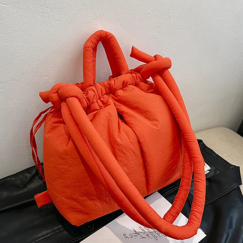 Casual Large Capacity Puffer Tote Bag Designer Padded Nylon Women Handbags Knotted Strap Shouder Crossbody Bags Warm Sac 2024