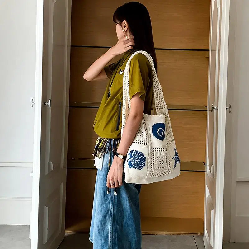 Designer Knitted High-capacity Tote Bags Women's Summer Beach Bag Casual Hollow Woven Underarm Shoulder Bag