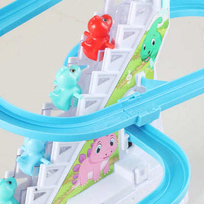 Kids Electric Climbing Stairs Toy DIY Small Penguin Dinosaur Rail Racing Track Music Roller Coaster Duck Toy For Baby Kids Gift