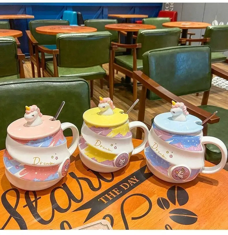 400ml Cute Unicorn Ceramic Cup Ins High Beauty Coffee Mug with Spoon Straw Box Dust Plug Small Summer Couple Water Cups Gift