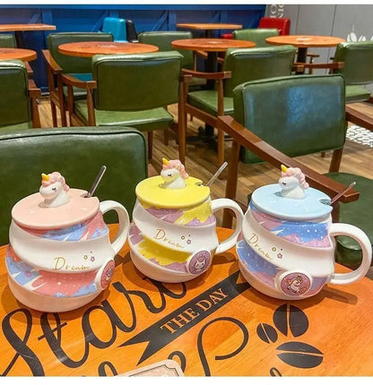400ml Cute Unicorn Ceramic Cup Ins High Beauty Coffee Mug with Spoon Straw Box Dust Plug Small Summer Couple Water Cups Gift