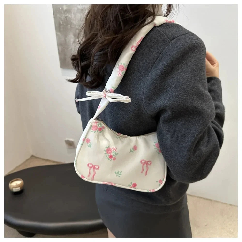 Women's Bag Summer Canvas Pleated Handlebags Armpit Bag Korean Floral Bow Printed Zipper Tote Bag Female Small Shoulder Bags