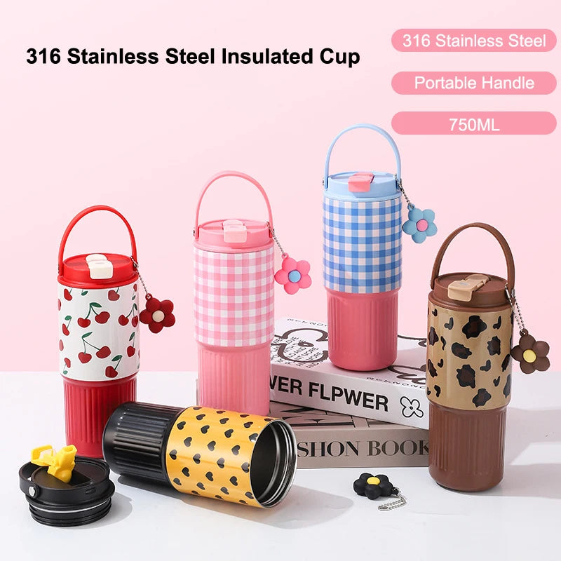 Cute Tumbler 750ML Water Bottle 316 Stainless Steel Vacuum Thermos Bottle Insulated Portable Thermos Cup Gift For Woman Girl