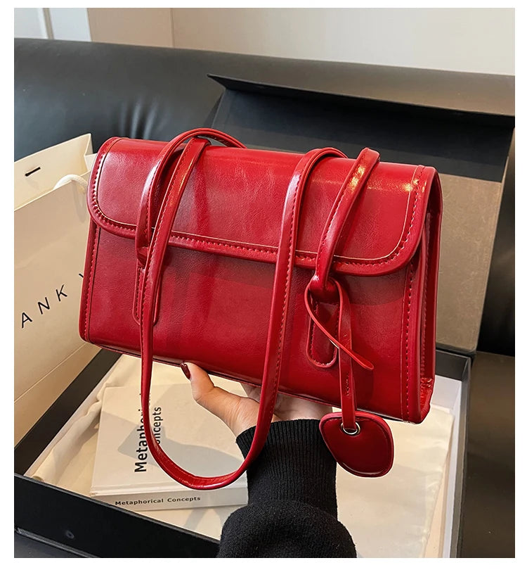 Fashion Red Shoulder Bags For Women Trendy Textured Solid Color Handbag Autumn Winter Versatile Female Underarm Pack