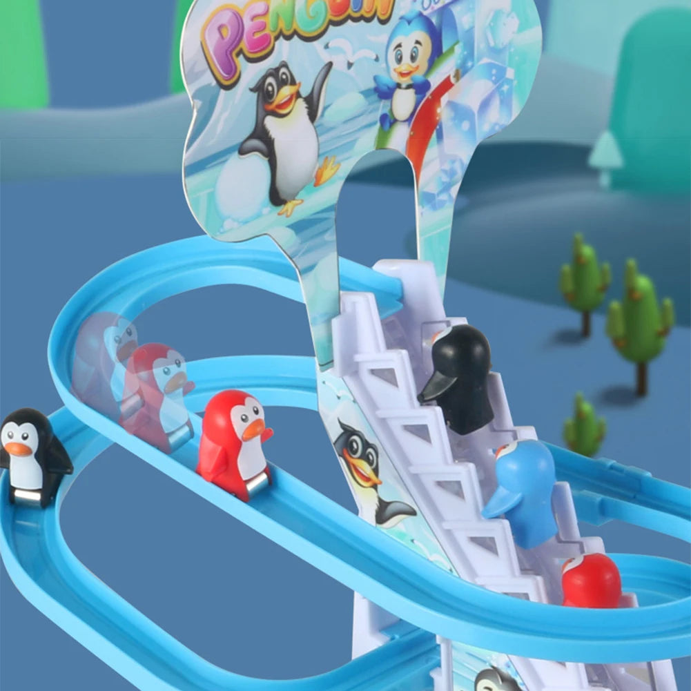 Kids Electric Climbing Stairs Toy DIY Small Penguin Dinosaur Rail Racing Track Music Roller Coaster Duck Toy For Baby Kids Gift