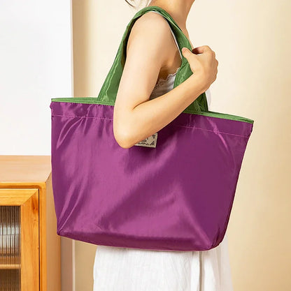 Women Fashion Shopping Bag Eco Large Polyester Beach Bag Tote Large Capacity Reusable Drawstring Bag Nylon Foldable Grocery Bag