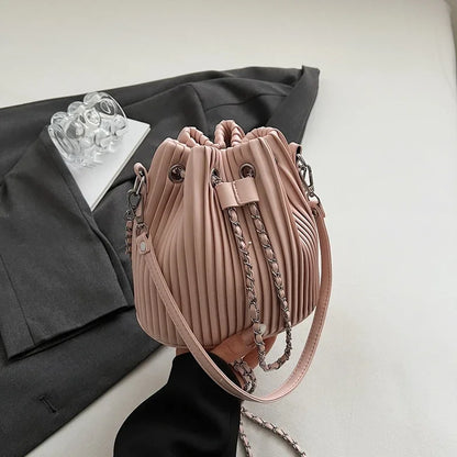 Black Bag For Women Fashion Pleated Strape Design Shoulder Bag Trend Drawstring Bucket Crossbody