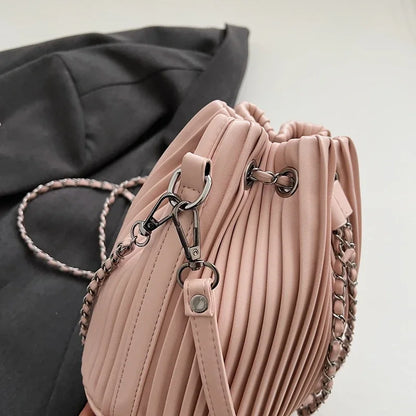 Black Bag For Women Fashion Pleated Strape Design Shoulder Bag Trend Drawstring Bucket Crossbody