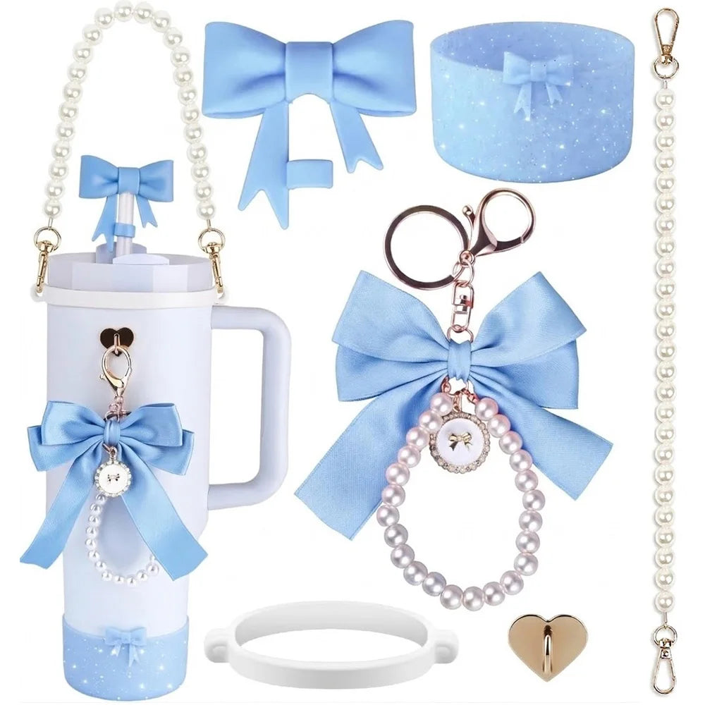 6pcs Tumbler Accessories Set for Stanley 40oz 30oz Cup, Perfect Gift, Coquette Bow & Pearl Style Water Bottle Decor for Gift