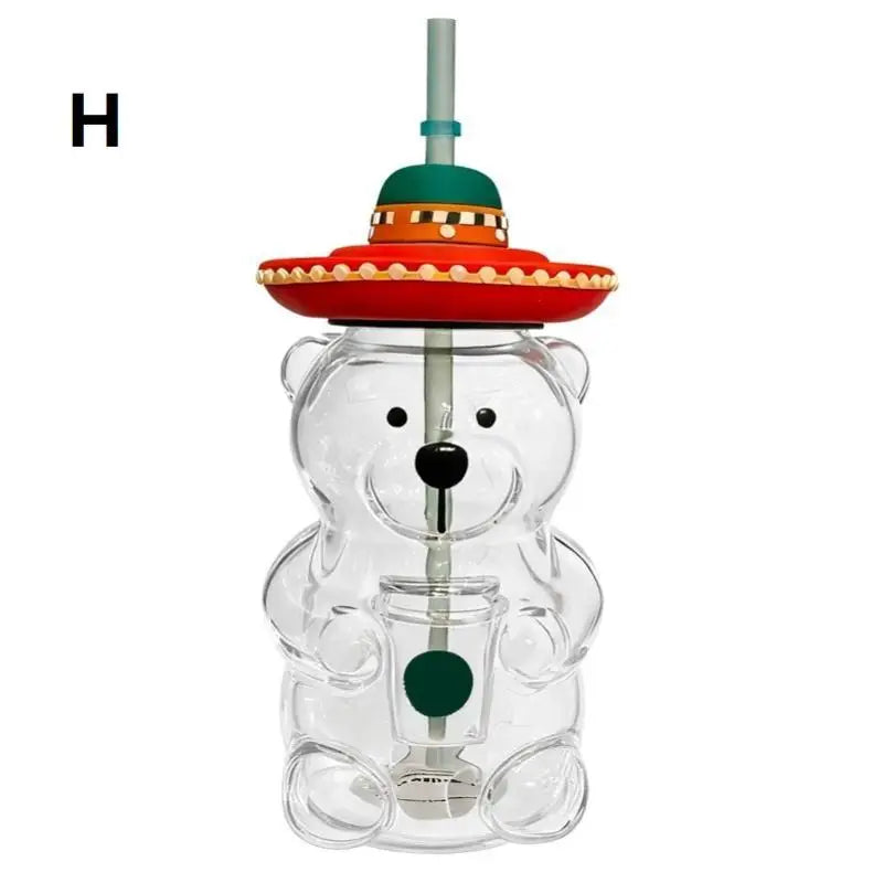 Bear Coffee Cup  Cartoon Bear Shaped Coffee Mug Cute Bear Mug Plastic Cup With Straw Transparent Creative Milk Coffee Water Cups