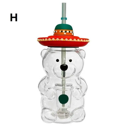 Bear Coffee Cup  Cartoon Bear Shaped Coffee Mug Cute Bear Mug Plastic Cup With Straw Transparent Creative Milk Coffee Water Cups