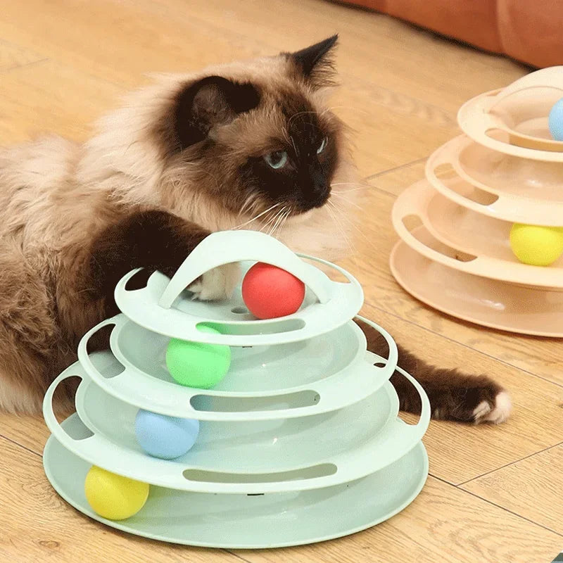 Turnable Toys 4 Levels for Cats Accessories Tower Tracks with Balls Cat Toy Interactive Intelligence Training with Fun Cat Stick
