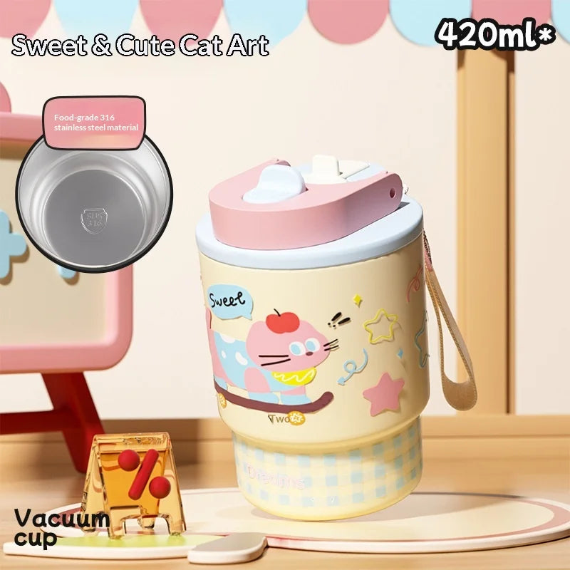 Cute Double Opening Insulated Tumbler for Women & Children with Straw and Sip Lid Portable Coffee Water Bottle Gift Idea