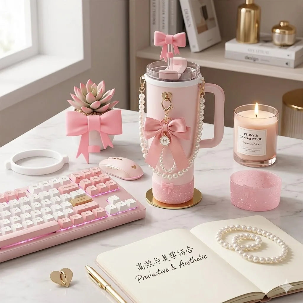 6pcs Tumbler Accessories Set for Stanley 40oz 30oz Cup, Perfect Gift, Coquette Bow & Pearl Style Water Bottle Decor for Gift