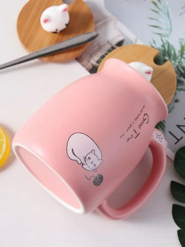 Cute Cartoon Ceramic Cup Japanese Coffee Mug with Wooden Lid and Spoon Iced Yogurt Smoothie Juice Cup Heat-resistant Water Mug