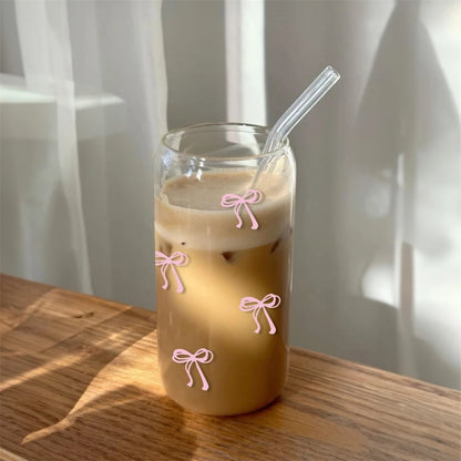 Pink Bow Cute Glass Cups with Lids and Straw Tumbler Glass 500ml for Iced Milk Coffee Smoothie Cocktail Matcha Juice Cup