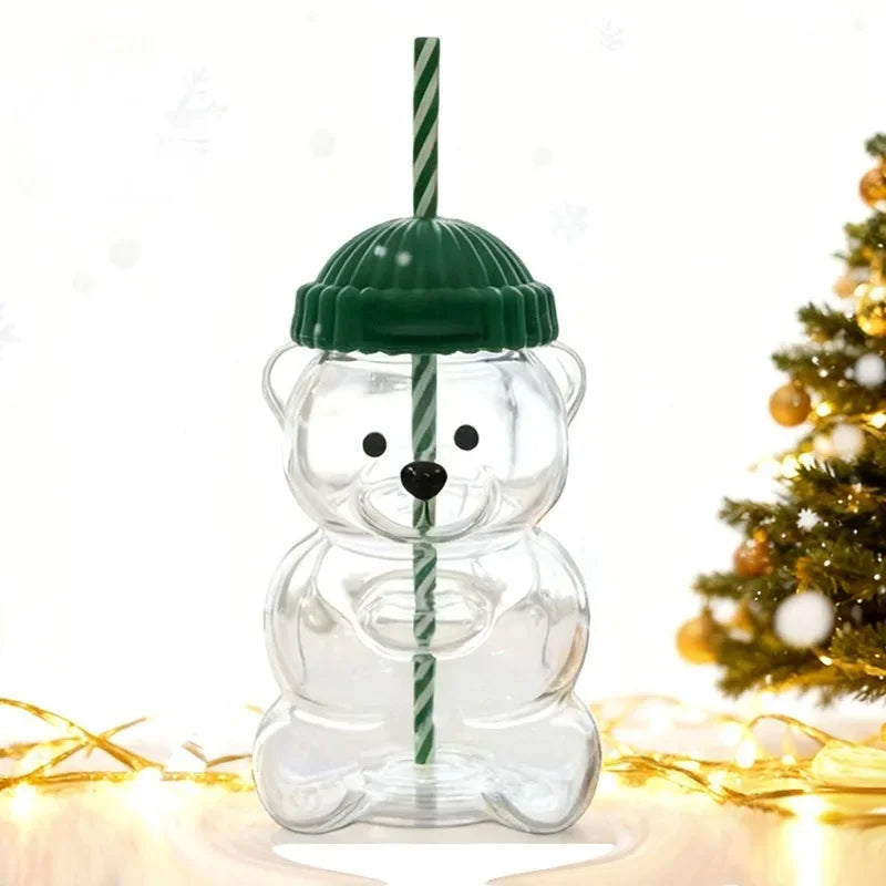 Bear Shape Glass Cup with Straw&Lid Coffee Mug Cute Cartoon Creative Glass Juice Cup Tea Cup Drinkware Gift