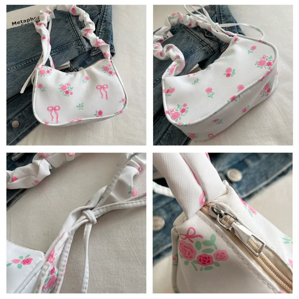 Women's Bag Summer Canvas Pleated Handlebags Armpit Bag Korean Floral Bow Printed Zipper Tote Bag Female Small Shoulder Bags