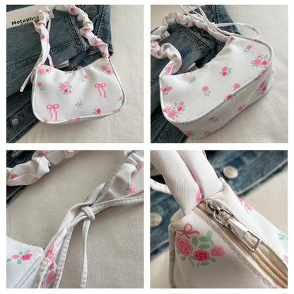 Women's Bag Summer Canvas Pleated Handlebags Armpit Bag Korean Floral Bow Printed Zipper Tote Bag Female Small Shoulder Bags