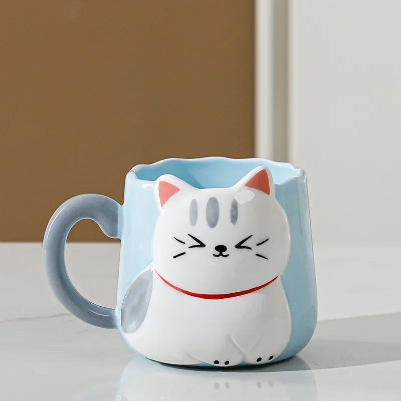 3D Embossed Ceramic Cup Cute Cat Coffee Milk Tea Breakfast Handle Cup Tableware Novelty Gift Home 500ml Mug