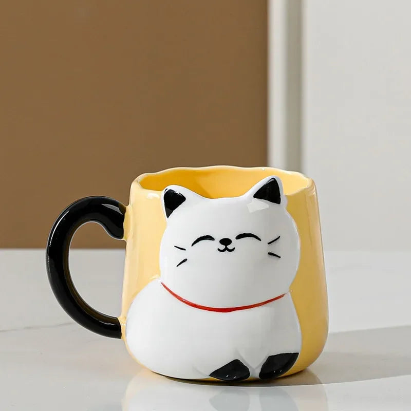 3D Embossed Ceramic Cup Cute Cat Coffee Milk Tea Breakfast Handle Cup Tableware Novelty Gift Home 500ml Mug