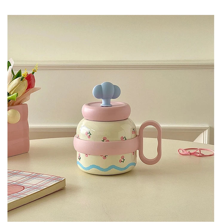 Large Capacity Insulated Cup Exquisite Printing Contrasting Straw Mugs Office Stainless Steel Portable Drinking Cups With Handle