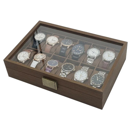 12 Slot Wooden Watch Box with Glass Lid Outside Wood Watch Display Case Gift Box Storage Organizer Props