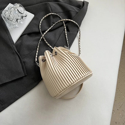 Black Bag For Women Fashion Pleated Strape Design Shoulder Bag Trend Drawstring Bucket Crossbody