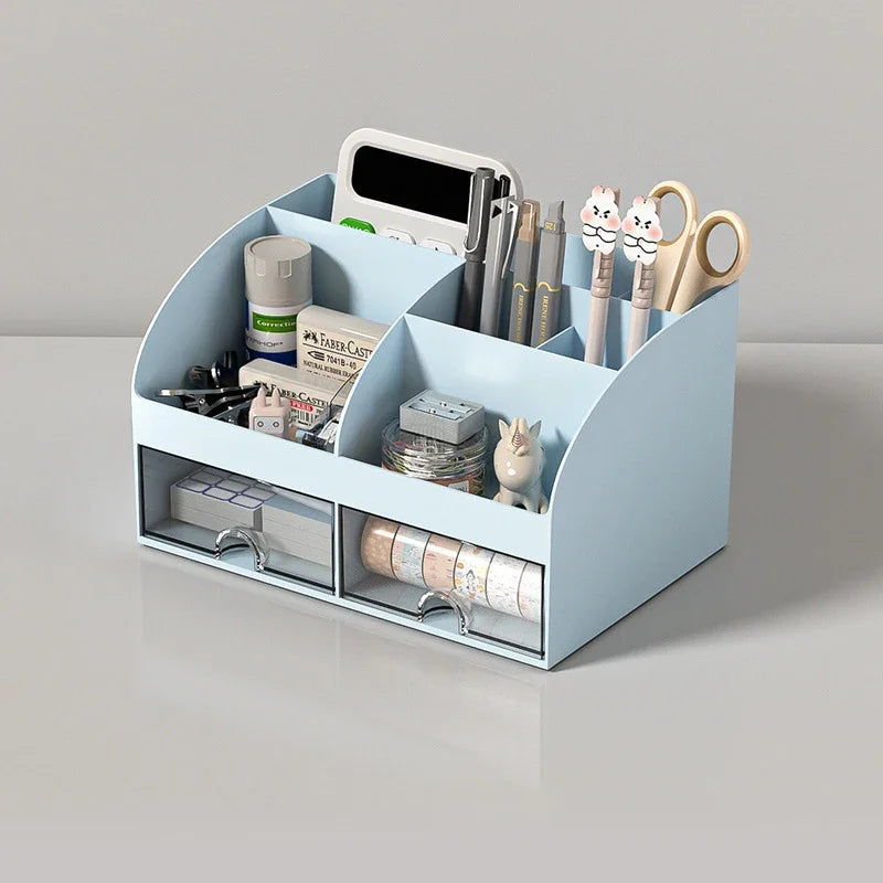 Home Office Desktop Stationery Storage Box 6 Compartments 2 Drawers Decorative Desk Organizer Dressing Table Makeup Storage Case