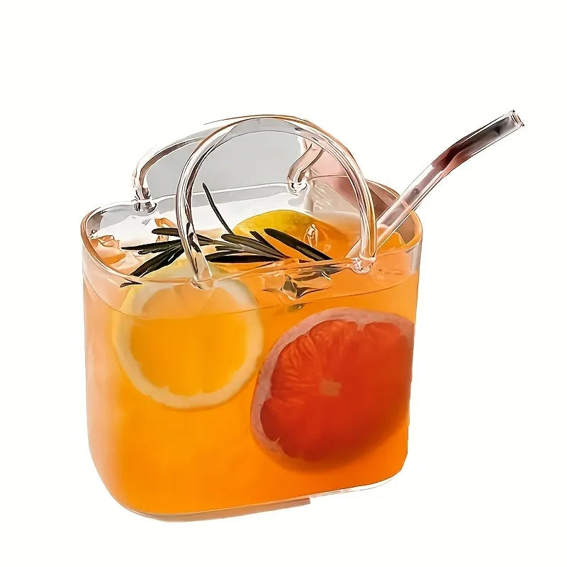 Cute Handbag Shape Glass Tumbler with Straw 770ml Reusable Borosilicate Glass Water Bottle for Smoothies Cocktails Summer Drink