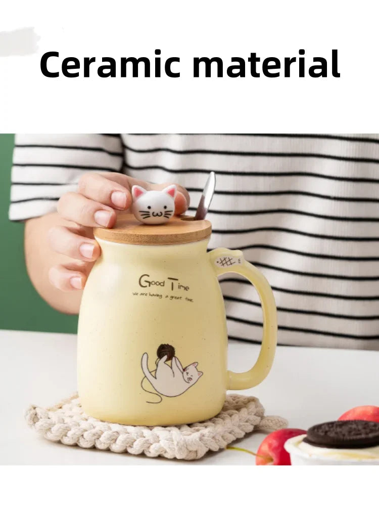 Cute Cartoon Ceramic Cup Japanese Coffee Mug with Wooden Lid and Spoon Iced Yogurt Smoothie Juice Cup Heat-resistant Water Mug