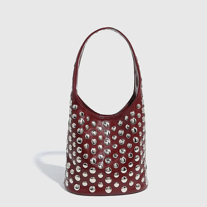 Women's Bags Punk Style Embellished Double-Faced Round Rivet Inlaid Niche Luxury Bucket Bag Chic Lady Underarm Shoulder Bag