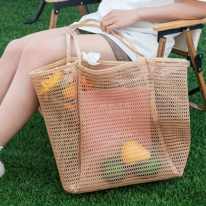 Women's Large Capacity Beach Tote Bag - Durable Polyester Woven Shoulder Bag with Open Top for Travel, Shopping