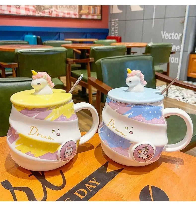 400ml Cute Unicorn Ceramic Cup Ins High Beauty Coffee Mug with Spoon Straw Box Dust Plug Small Summer Couple Water Cups Gift