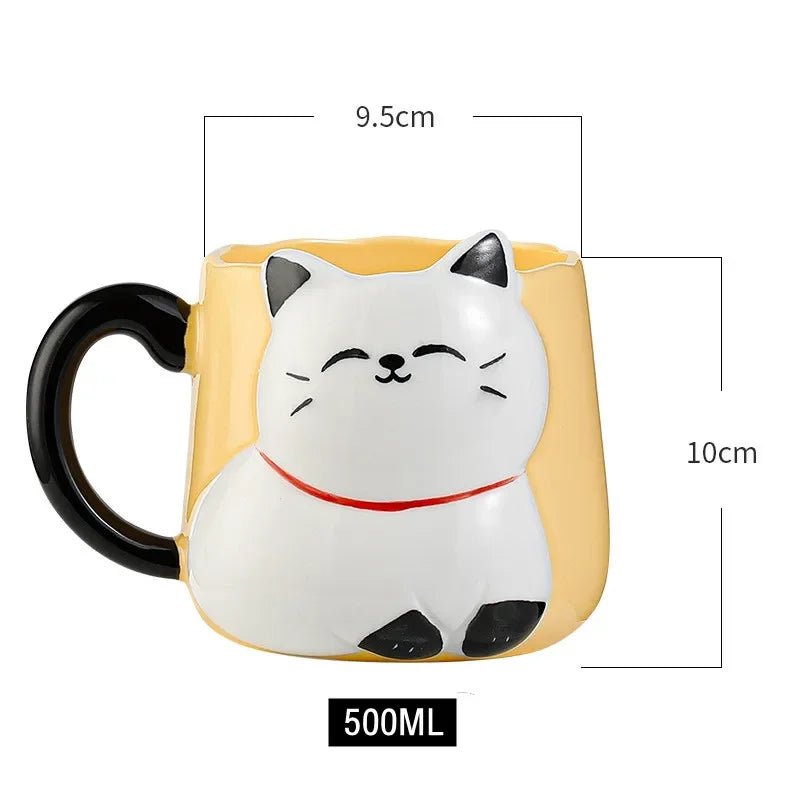 3D Embossed Ceramic Cup Cute Cat Coffee Milk Tea Breakfast Handle Cup Tableware Novelty Gift Home 500ml Mug