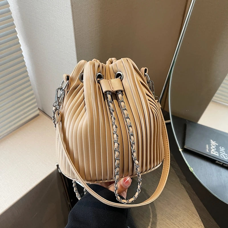 Black Bag For Women Fashion Pleated Strape Design Shoulder Bag Trend Drawstring Bucket Crossbody