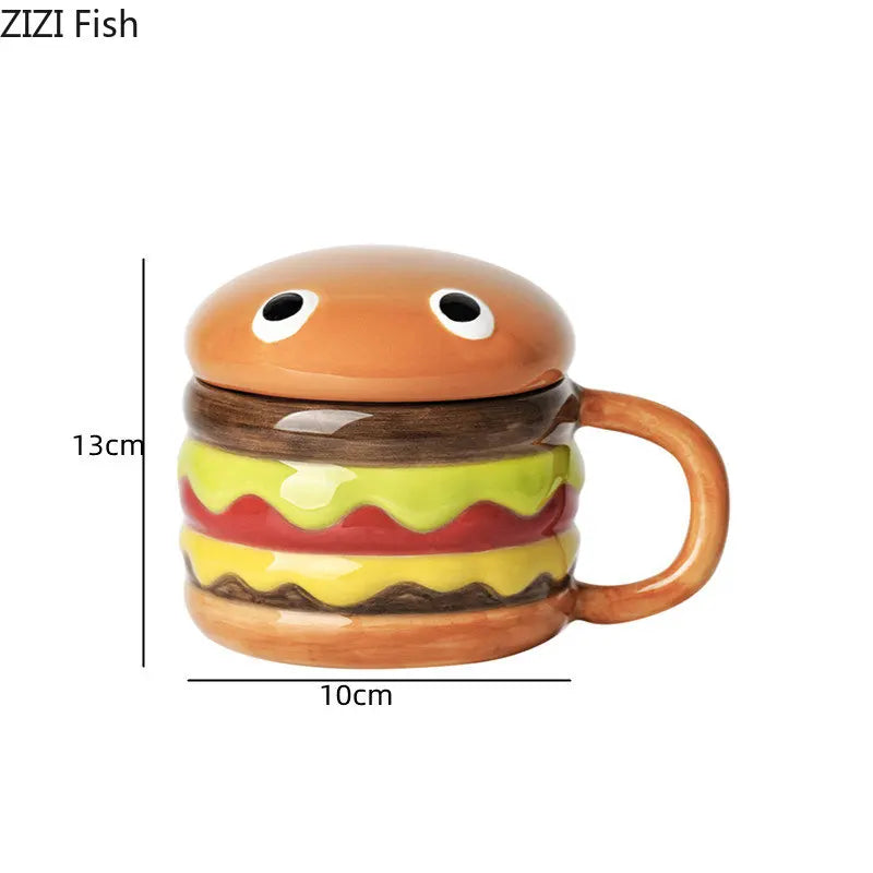 300ml Ceramic Cup Creative Hamburger Coffee Cup Cute Cartoon Children's Mug Breakfast Oatmeal Milk Cups with Lid Home Cups