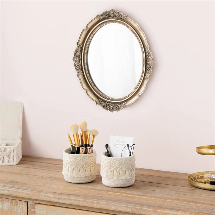 LMETJMA Macrame Makeup Organizer Boho Wicker Pencil Holder Makeup Brush Holder Organizer Comb Brushes Mini Storage Basket