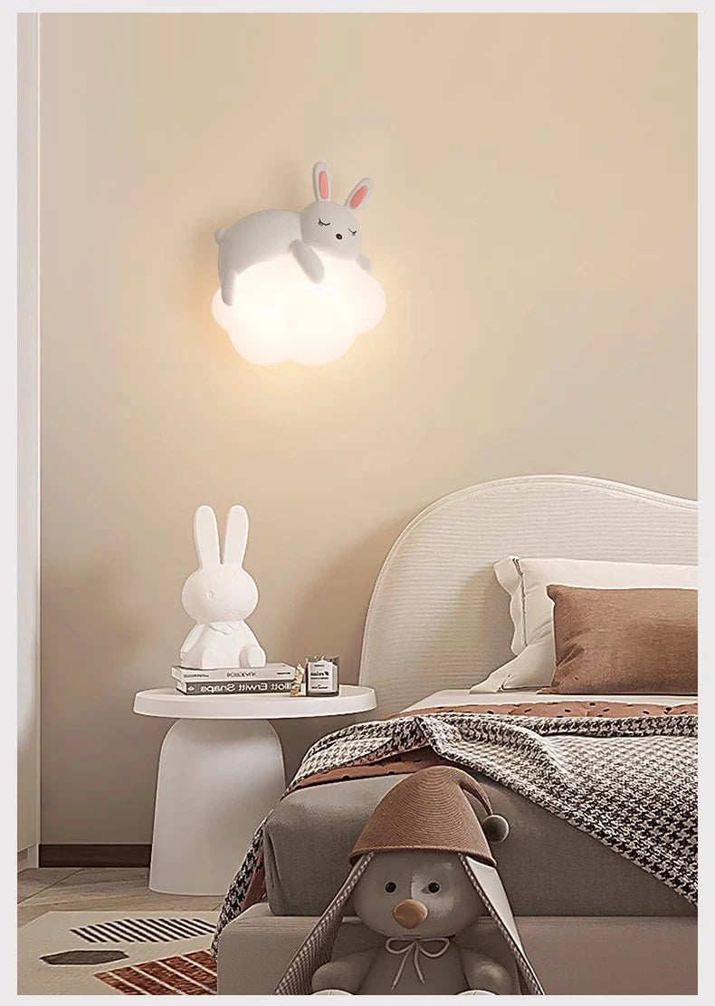 Cute Children's Room Bedside Wall Lamp Bear Rabbit Cloud Lamp Creative Cream Style Baby Room Nursery Boy Girl Bedroom Wall Light