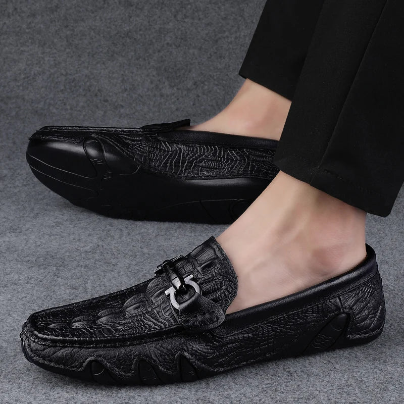 Mens Slip On Loafers Genuine Leather Casual Shoes Driving Moccasins Flats Luxury Brand Classic Black Handmade