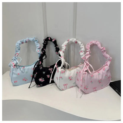 Women's Bag Summer Canvas Pleated Handlebags Armpit Bag Korean Floral Bow Printed Zipper Tote Bag Female Small Shoulder Bags