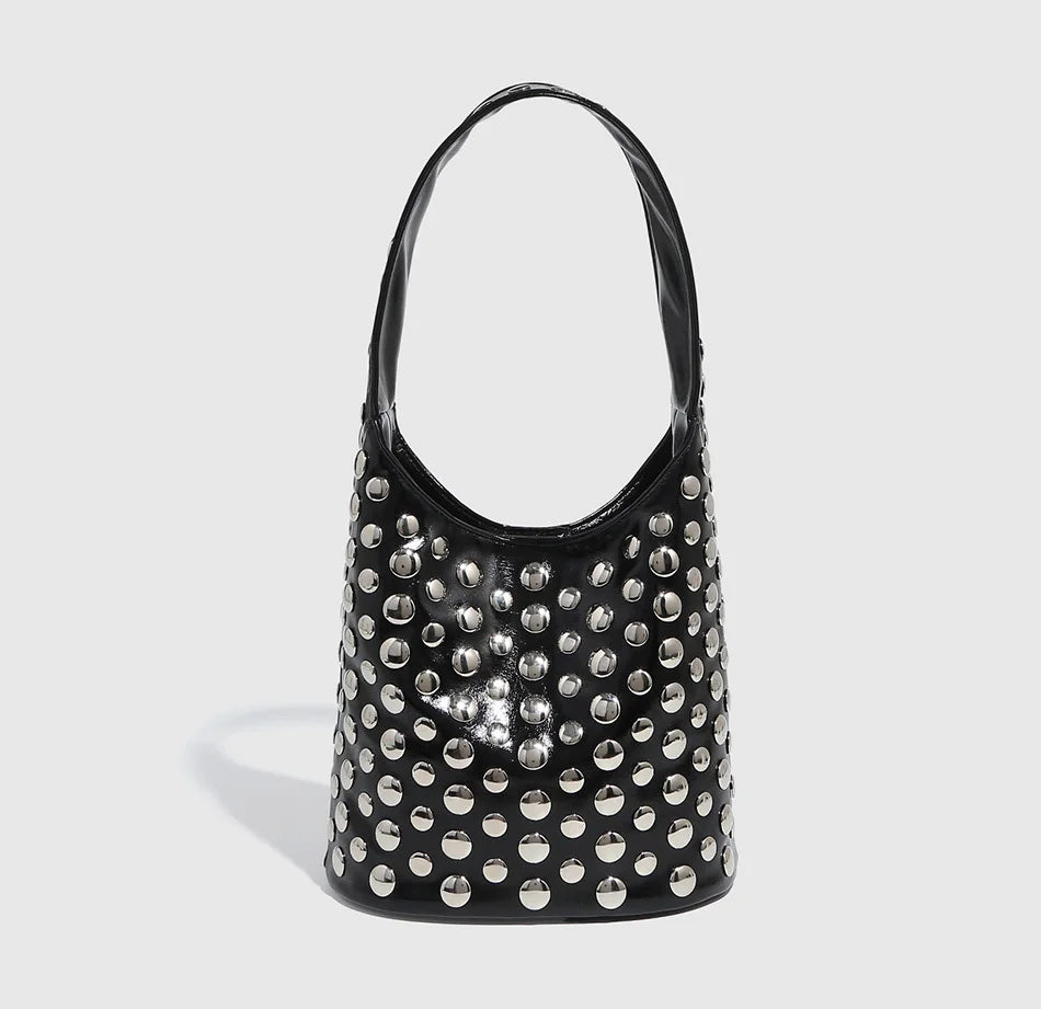 Women's Bags Punk Style Embellished Double-Faced Round Rivet Inlaid Niche Luxury Bucket Bag Chic Lady Underarm Shoulder Bag
