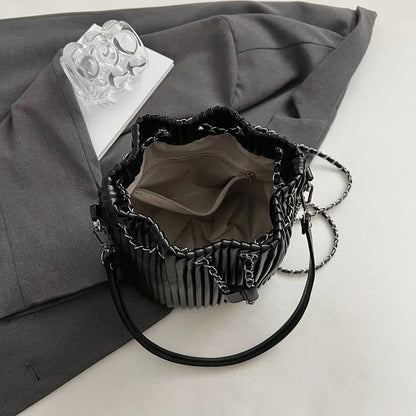 Black Bag For Women Fashion Pleated Strape Design Shoulder Bag Trend Drawstring Bucket Crossbody