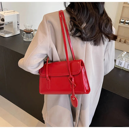 Fashion Red Shoulder Bags For Women Trendy Textured Solid Color Handbag Autumn Winter Versatile Female Underarm Pack