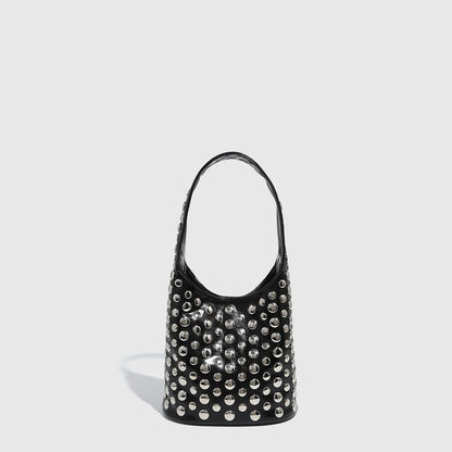 Women's Bags Punk Style Embellished Double-Faced Round Rivet Inlaid Niche Luxury Bucket Bag Chic Lady Underarm Shoulder Bag
